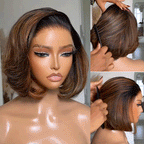 Brown/Blonde Highlight Color Layered Cut 5×5 Lace Bob C Side Part Wear & Go Glueless Closure Wig