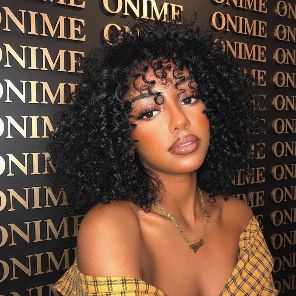 Onimehair™ Glueless Thick Fluffy Afro Curly Human Hair Bob Wigs 13x4 Invisiable Lace Wig Flash Sale