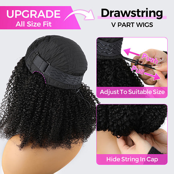 Glueless Wigs V Part Afro Curly Wig No Leave Out Thin Part Human Hair Wig With Drawstring Beginner Friendly - Onime Hair