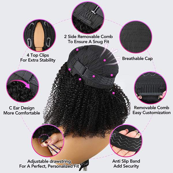 Pre Styled Kinky Straight Burmese Curly V Part Human Hair Wigs 250% Density Natural Blend Curly Hair Wigs With Spiral Curls - Onime Hair