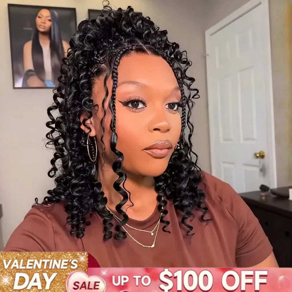 Knotless Boho Curls Braided Bob Wig Flexi Fit Invisi Drawstring HD Lace Cap