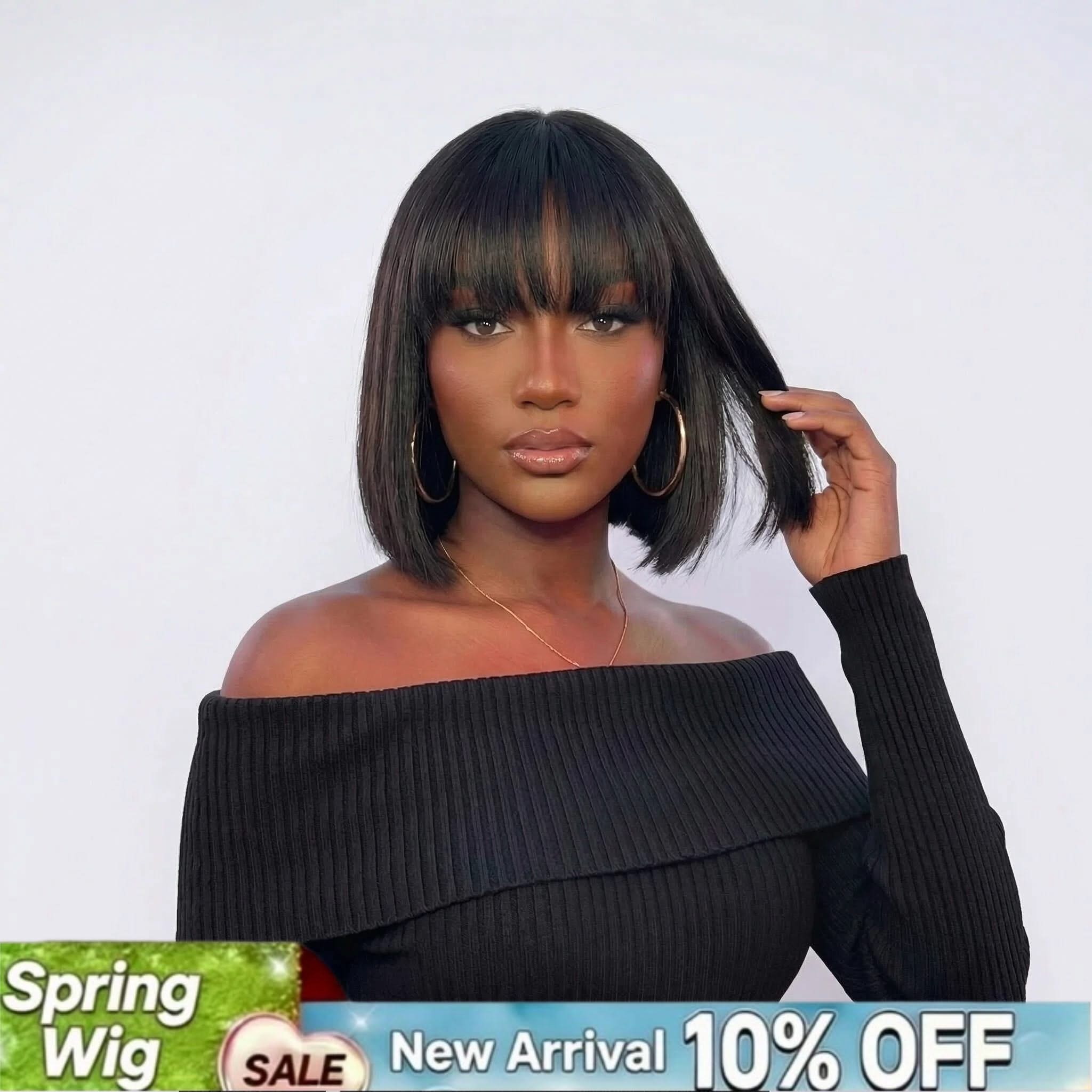 Realistic glueless Yaki straight bob wig with bangs, 100% human hair, minimalist lace, easy to wear, by mysite.