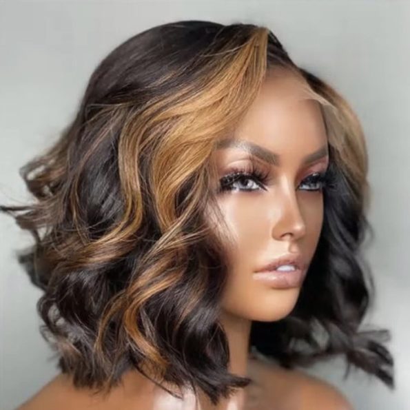 Short Loose Wave Bob Human Hair Wig 5×5 HD Pre-Cut Lace Glueless Blonde Highlight Color Bleached Knots