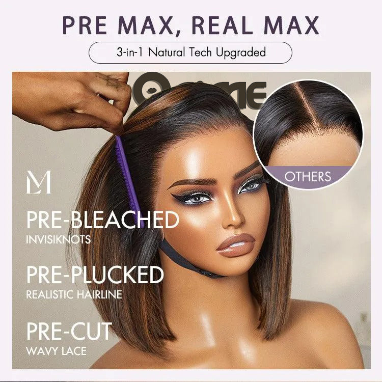 Onimehair™PreMax Wigs | Natural Looking Brown Highlight Silky Blunt Cut Bob Glueless 13x4 Frontal Pre-Cut Lace Wig