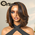 Onimehair™ Brown Highlight Layered Bob Blowout Glueless 5x5 Lace Closure Wig 100% Human Hair Pre-Cut Lace
