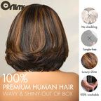 Onimehair™ Brown Highlight Layered Bob Blowout Glueless 5x5 Lace Closure Wig 100% Human Hair Pre-Cut Lace