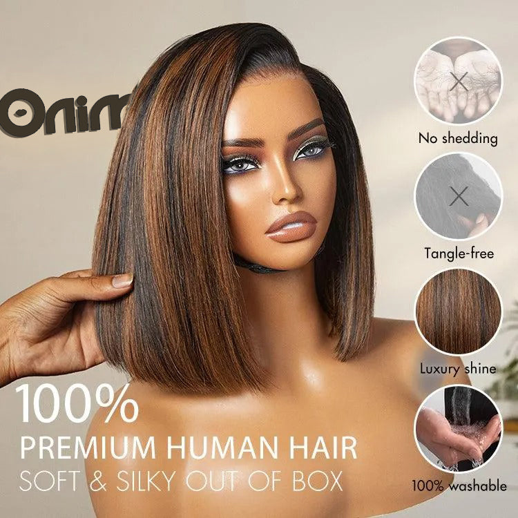 Onimehair™PreMax Wigs | Natural Looking Brown Highlight Silky Blunt Cut Bob Glueless 13x4 Frontal Pre-Cut Lace Wig