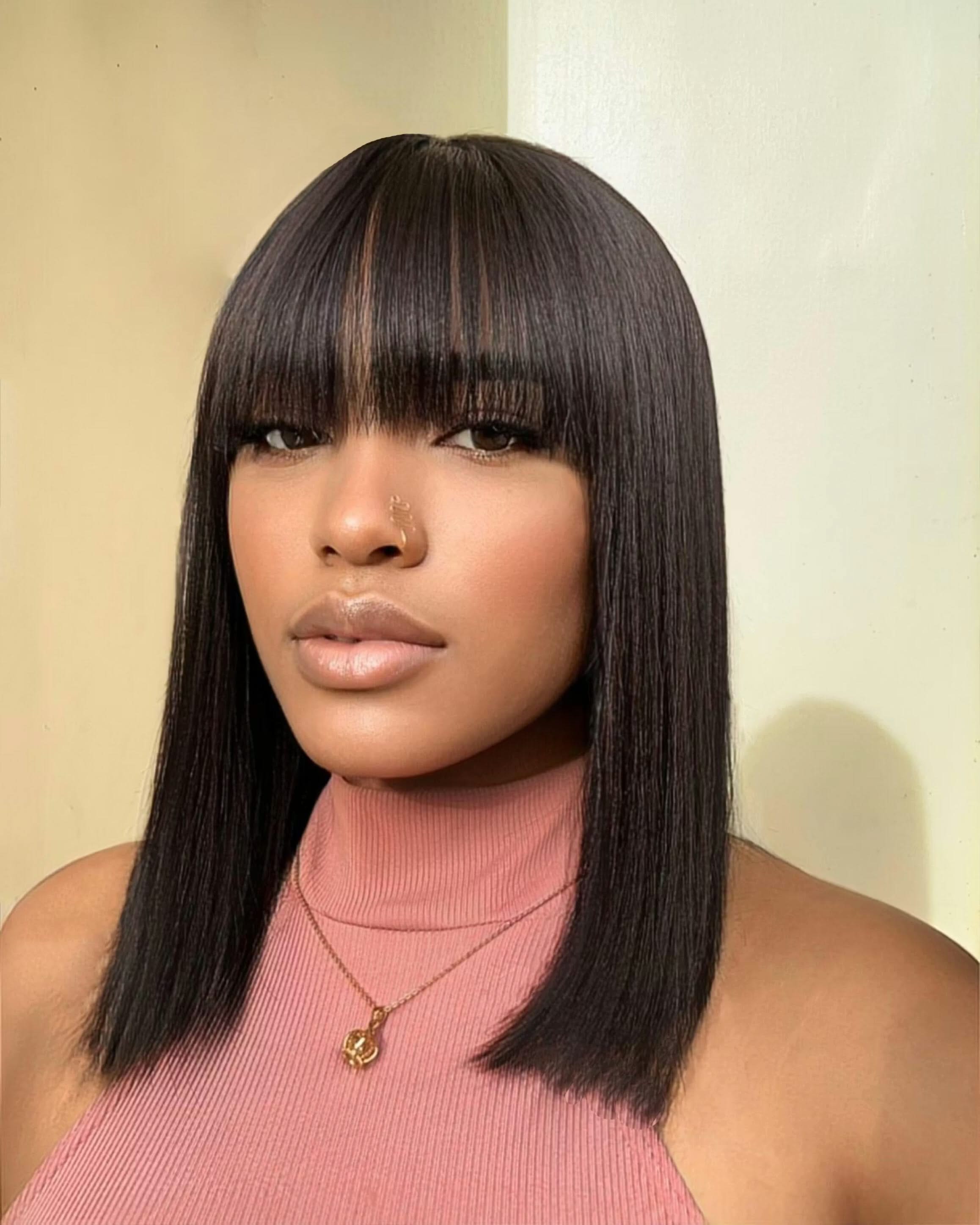 Realistic glueless Yaki straight bob wig with bangs, 100% human hair, minimalist lace, by mysite, shown on a mannequin head.