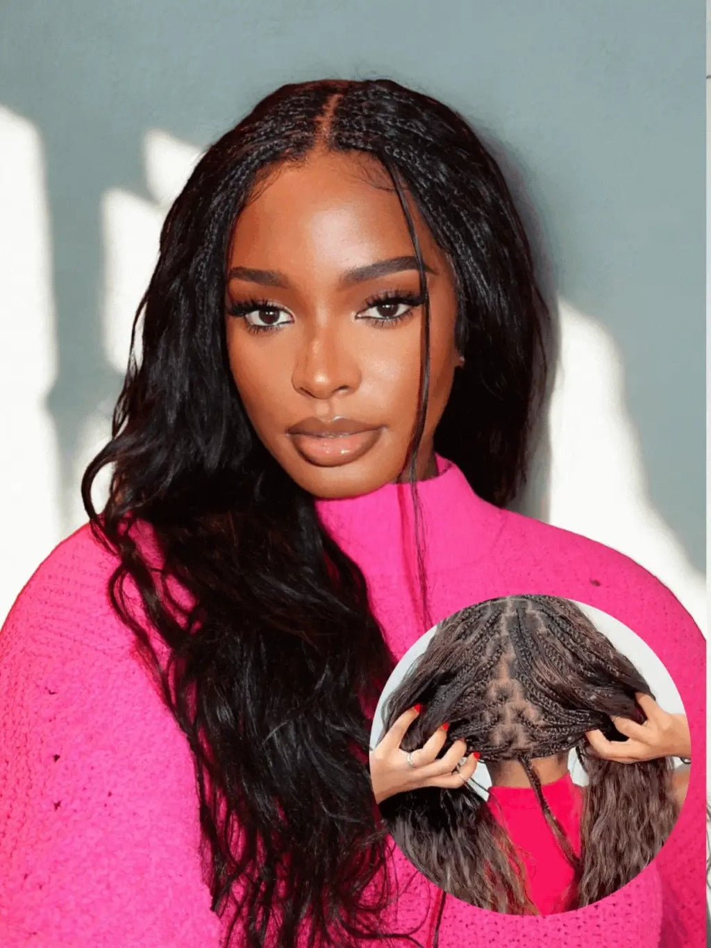 Light Weight Flexi-Fit Invisi Drawstring Cap Full Lace Knotless Boho Curls Braided Long Wig Super Natural Scalp