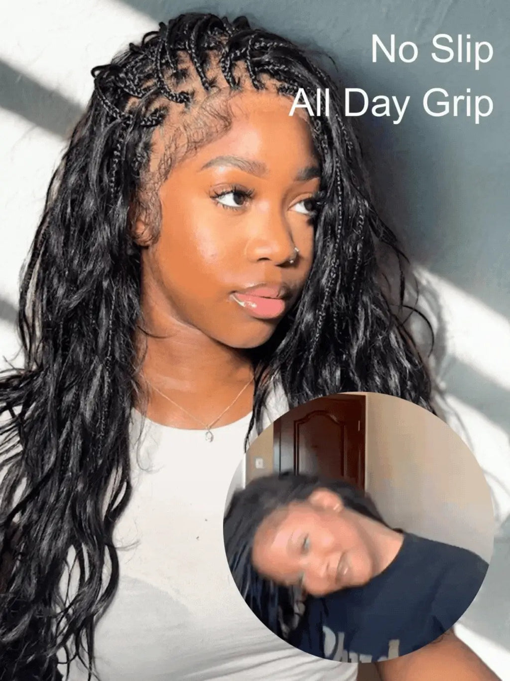 Light Weight Flexi-Fit Invisi Drawstring Cap Full Lace Knotless Boho Curls Braided Long Wig Super Natural Scalp