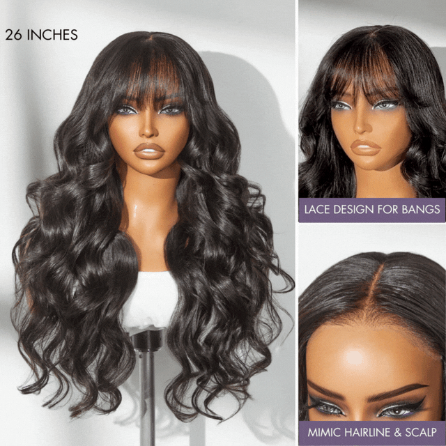 All-Day Comfort™ Wig Density Loose Body Wave Glueless5x5 Closure HD Lace Human Hair Wig with Bangs Pre-Cut Lace