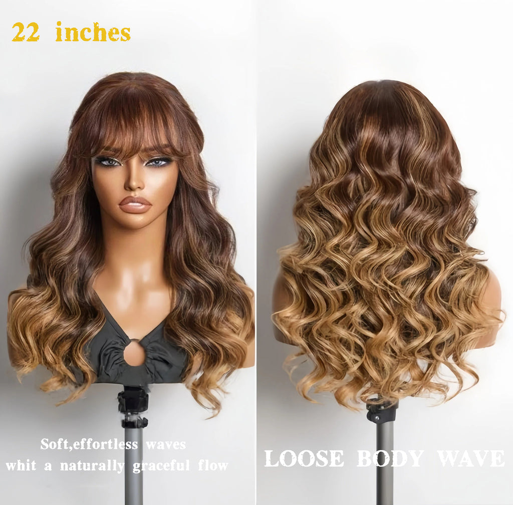 All-Day Comfort™ Wig Density Loose Body Wave Glueless5x5 Closure HD Lace Human Hair Wig with Bangs Pre-Cut Lace