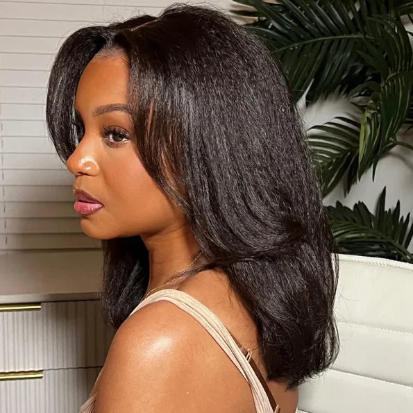 Layered Cut Kinky Straight Bob Human Hair Wig 5×5 HD Lace Glueless Short Wig Pre Plucked Natural Hairline