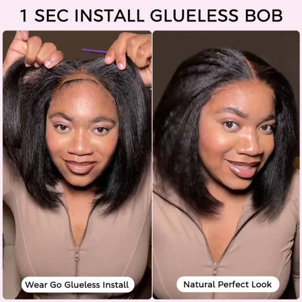 Layered Cut Kinky Straight Bob Human Hair Wig 5×5 HD Lace Glueless Short Wig Pre Plucked Natural Hairline