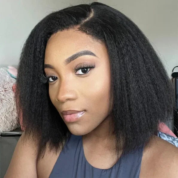 Layered Cut Kinky Straight Bob Human Hair Wig 5×5 HD Lace Glueless Short Wig Pre Plucked Natural Hairline