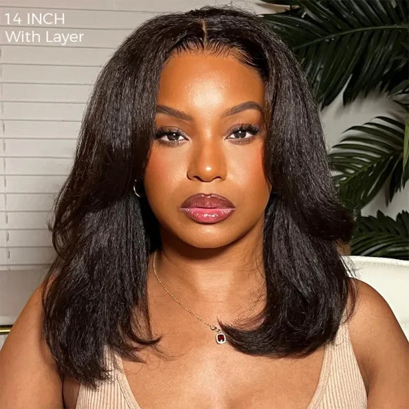 Layered Cut Kinky Straight Bob Human Hair Wig 5×5 HD Lace Glueless Short Wig Pre Plucked Natural Hairline