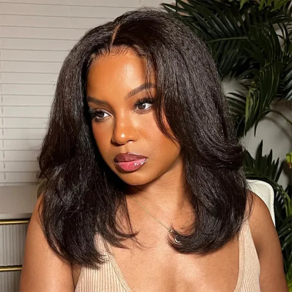 Layered Cut Kinky Straight Bob Human Hair Wig 5×5 HD Lace Glueless Short Wig Pre Plucked Natural Hairline