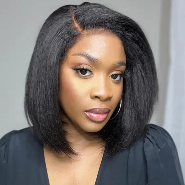 4C Edges Hairline | Kinky Straight Short Bob Human Hair Glueless Wigs Side Part 5×5 Lace 180% Density