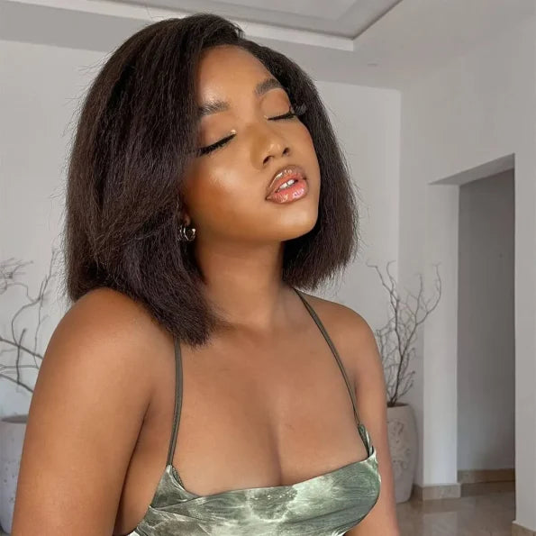 4C Edges Hairline | Kinky Straight Short Bob Human Hair Glueless Wigs Side Part 5×5 Lace 180% Density