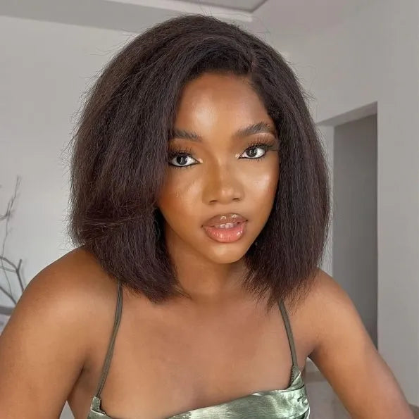 4C Edges Hairline | Kinky Straight Short Bob Human Hair Glueless Wigs Side Part 5×5 Lace 180% Density