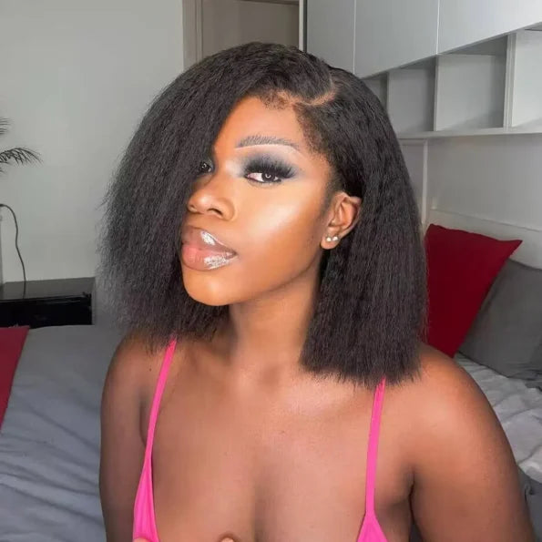 4C Edges Hairline | Kinky Straight Short Bob Human Hair Glueless Wigs Side Part 5×5 Lace 180% Density