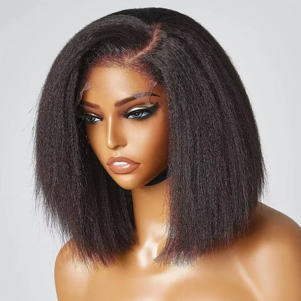 4C Edges Hairline | Kinky Straight Short Bob Human Hair Glueless Wigs Side Part 5×5 Lace 180% Density