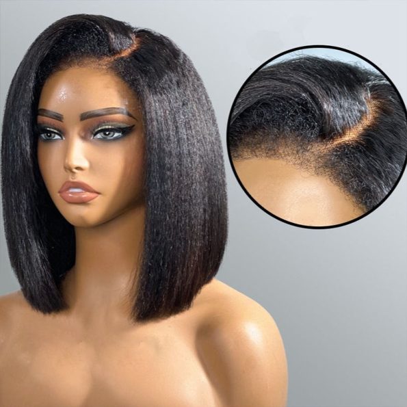 4C Edges Hairline | Kinky Straight Short Bob Human Hair Glueless Wigs Side Part 5×5 Lace 180% Density