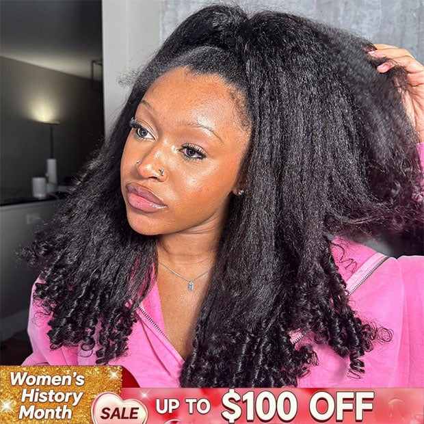 Pre Styled Kinky Straight Burmese Curly V Part Human Hair Wigs 250% Density Natural Blend Curly Hair Wigs With Spiral Curls - Onime Hair