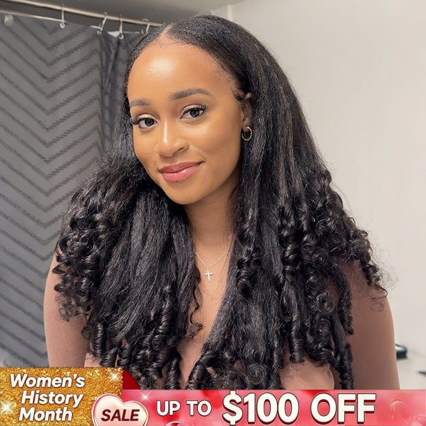 Pre Styled Kinky Straight Burmese Curly V Part Human Hair Wigs 250% Density Natural Blend Curly Hair Wigs With Spiral Curls - Onime Hair