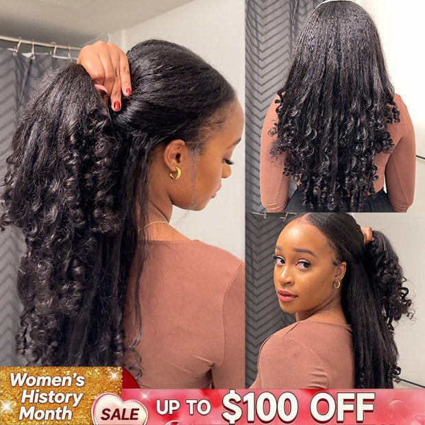 Pre Styled Kinky Straight Burmese Curly V Part Human Hair Wigs 250% Density Natural Blend Curly Hair Wigs With Spiral Curls - Onime Hair