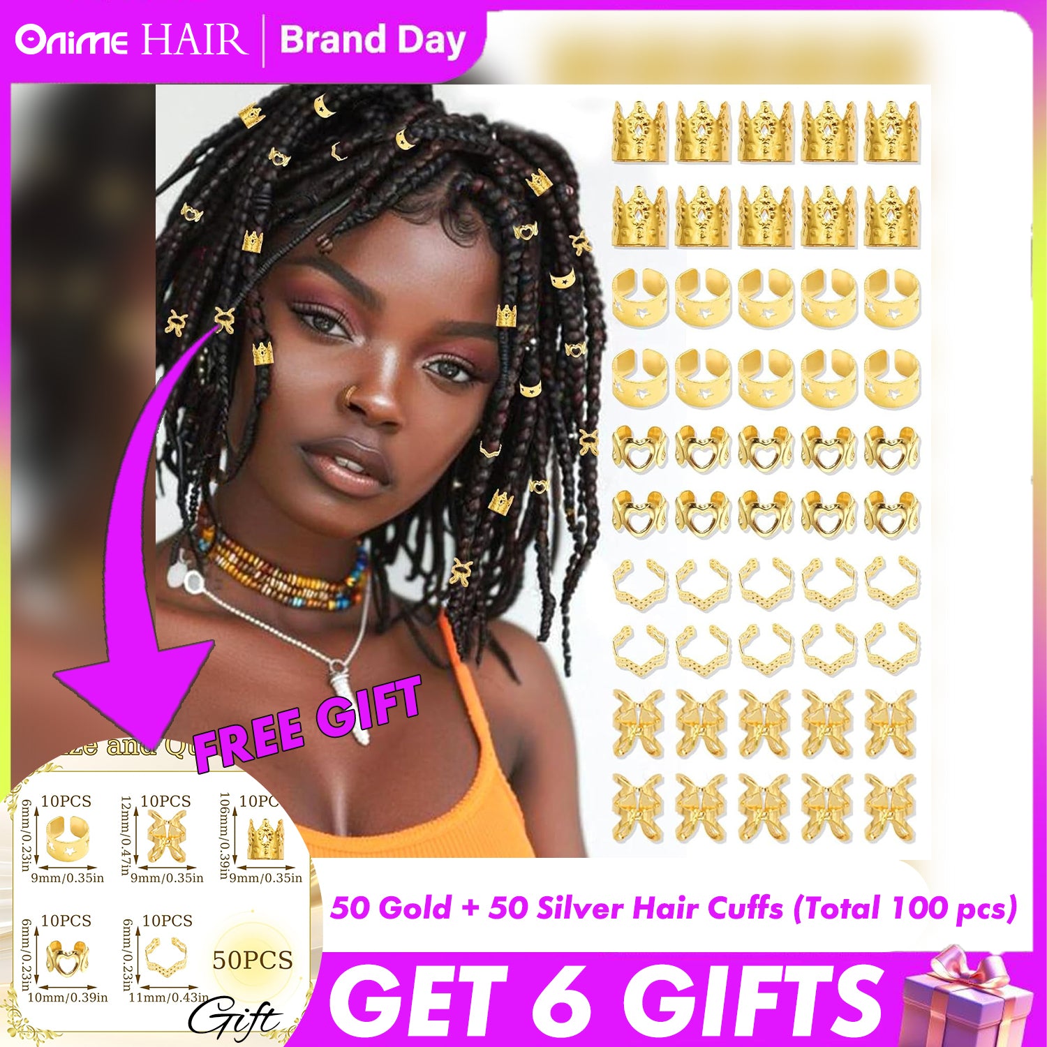 Hair Cuffs-50pcs Gold + 50pcs Silver  (Total 100 pcs)