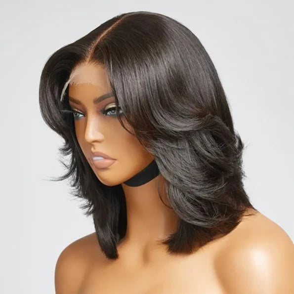 Handcraft Layered Cut 5×5 HD Lace Wear Go Glueless Short Bob Wig 100% Human Hair Natural Black