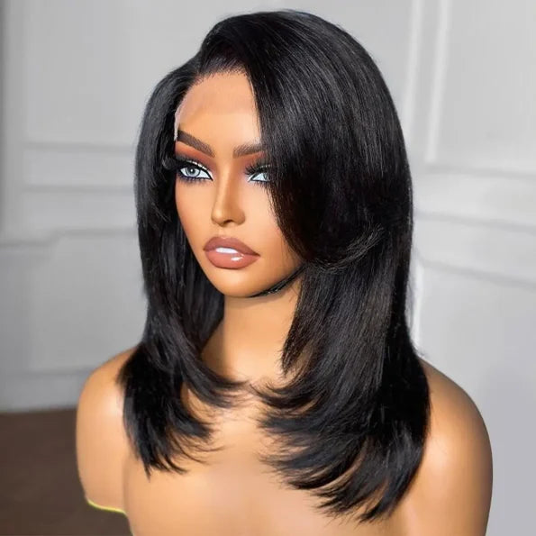 Handcraft Layered Cut 5×5 HD Lace Wear Go Glueless Short Bob Wig 100% Human Hair Natural Black
