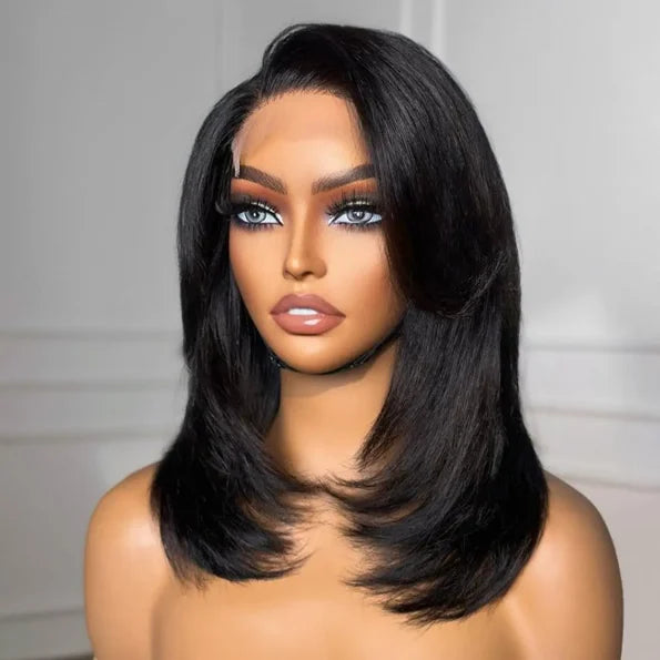 Handcraft Layered Cut 5×5 HD Lace Wear Go Glueless Short Bob Wig 100% Human Hair Natural Black