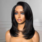 Handcraft Layered Cut 5×5 HD Lace Wear Go Glueless Short Bob Wig 100% Human Hair Natural Black