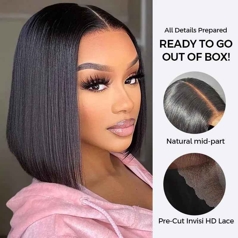 Sleek Bone Straight Bob 5×5 HD Lace Glueless Blunt Cut Middle Part Wig Super Double Drawn Hair Quality