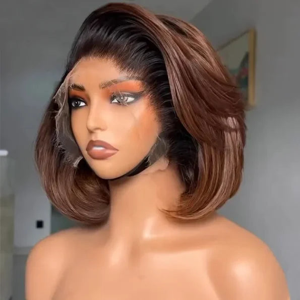 Ombre Brown Color Layered Cut Glueless 5×5 Closure Lace Bob Side Part Wear & Go Human Hair Wig