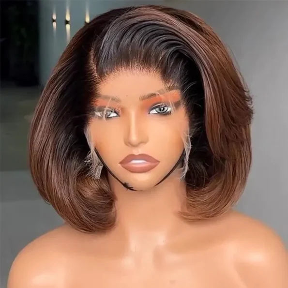 Ombre Brown Color Layered Cut Glueless 5×5 Closure Lace Bob Side Part Wear & Go Human Hair Wig