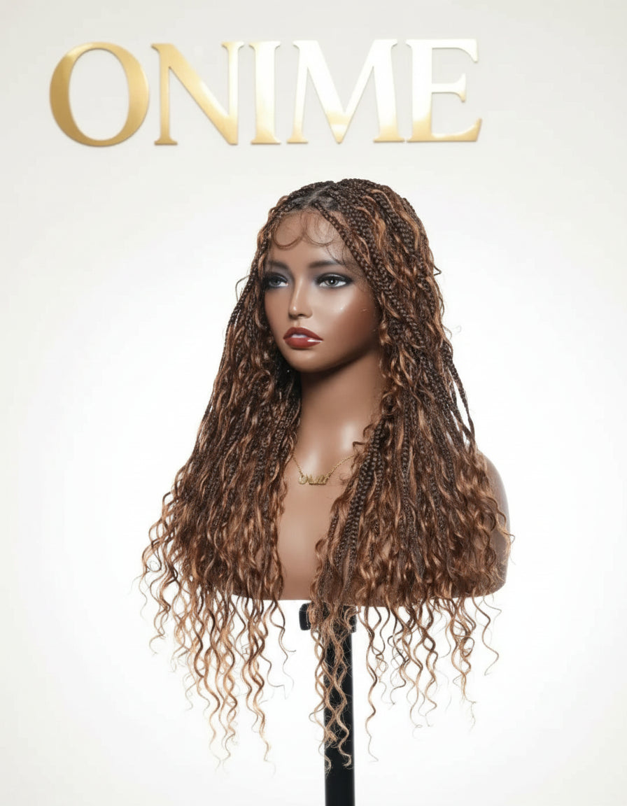 Light Weight Flexi-Fit Invisi Drawstring Cap Full Lace Knotless Boho Curls Braided Long Wig Super Natural Scalp