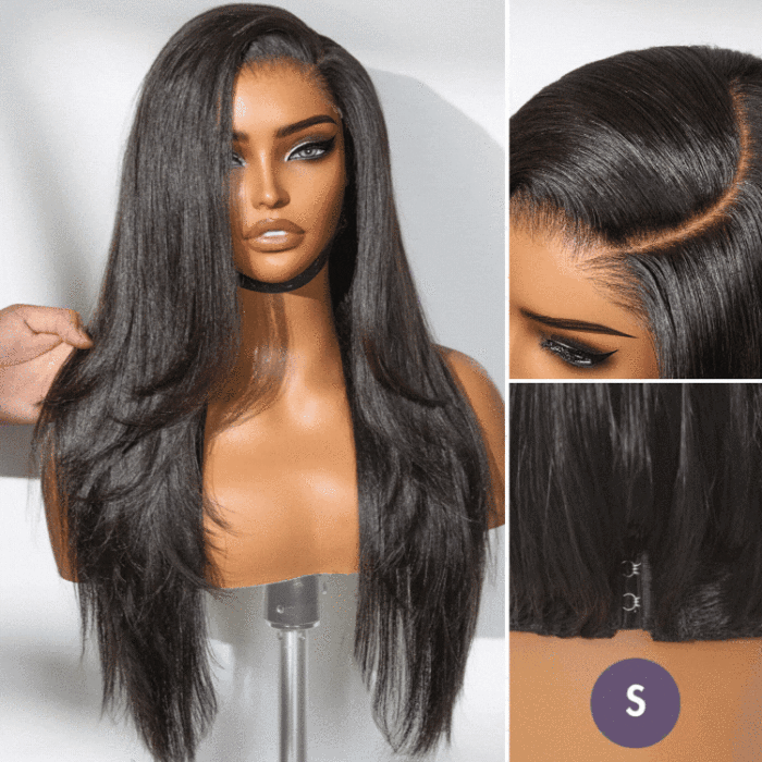 All-Day Comfort™ Wig 180% Density Butterfly Cut Layered Light Yaki Straight Glueless 7x7 Closure HD Lace Human Hair Wig Pre-Cut Lace
