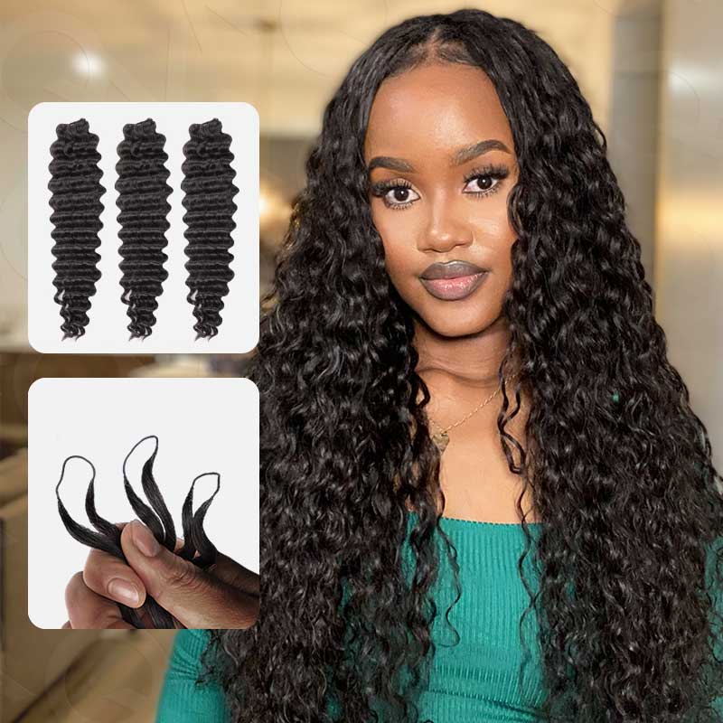 Onimehair™ Seamless Deep Curly Handmade Feather Crochet Braid Natural Black Human Hair Extensions