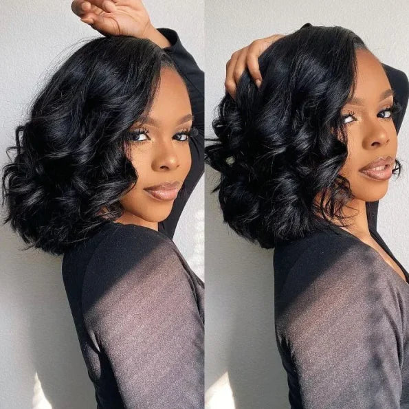 Pre Bleached Knots Short Loose Body 5×5 HD Lace Glueless Bob Wig Layer Wavy Wave Human Hair