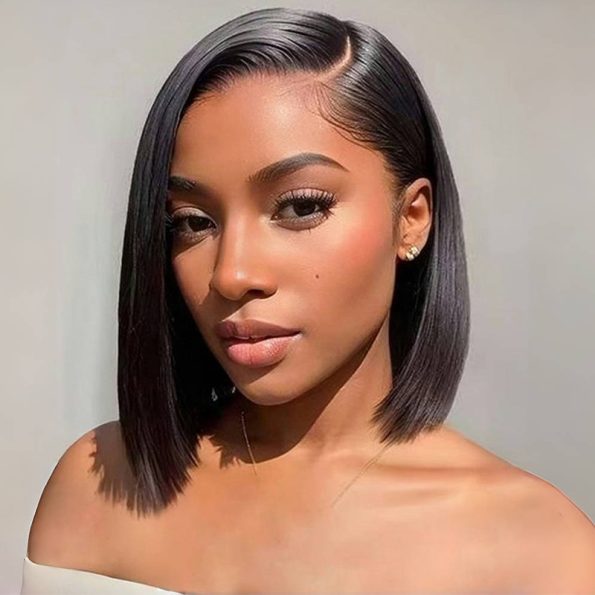 Glueless Side Part Silky Straight Short Bob C Part HD Lace Wig 100% Human Hair 180%