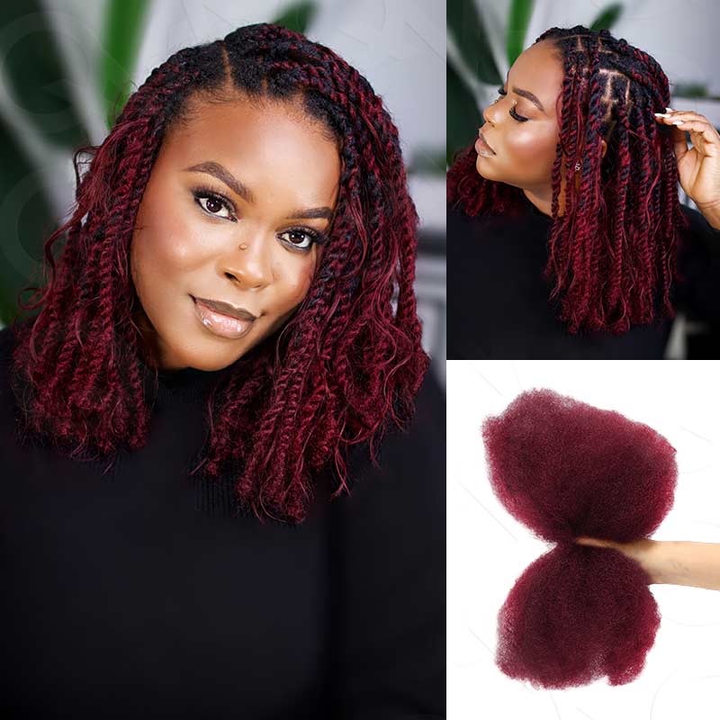Onimehair™ Affordable Afro Kinky Bulk Human Hair 99J Burgundy Color For Braiding DreadLock