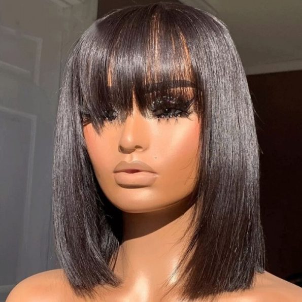 Glueless Short Bob Straight Hair Wig with Bangs 5×5 HD Lace 180% Density