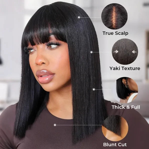 Realistic Yaki Straight Bob with Bangs Minimalist Lace Wig Wear Go Glueless Black/Brown Highlight
