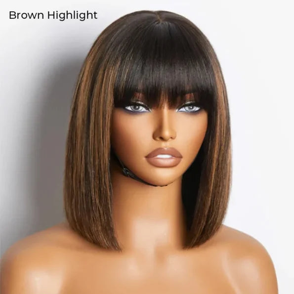 Realistic Yaki Straight Bob with Bangs Minimalist Lace Wig Wear Go Glueless Black/Brown Highlight