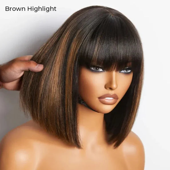 Realistic Yaki Straight Bob with Bangs Minimalist Lace Wig Wear Go Glueless Black/Brown Highlight