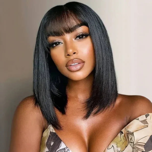 Realistic Yaki Straight Bob with Bangs Minimalist Lace Wig Wear Go Glueless Black/Brown Highlight