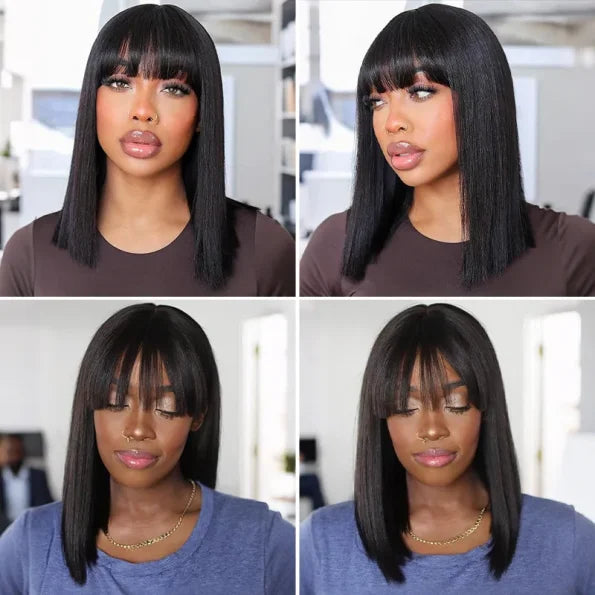 Realistic Yaki Straight Bob with Bangs Minimalist Lace Wig Wear Go Glueless Black/Brown Highlight